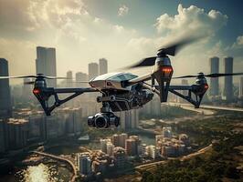 Drone quad copters  flying aerial over spectacular sunset orange sky. Cityscape with sun photo
