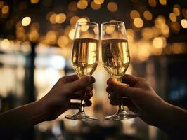 People holding glasses of champagne making a toast with blurred background photo