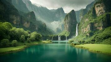 A serene, tranquil lake nestled in a verdant valley, surrounded by towering cliffs and cascading waterfalls, Nature Background AI Generative photo