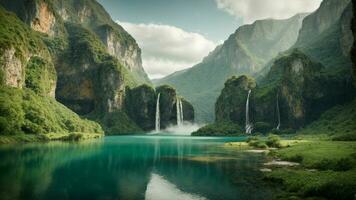 A serene, tranquil lake nestled in a verdant valley, surrounded by towering cliffs and cascading waterfalls, Nature Background AI Generative photo