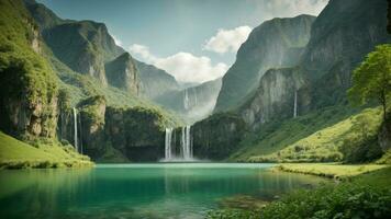 un sereno, tranquilo lago anidado en un verde valle, rodeado por imponente acantilados y cascada cascadas, naturaleza antecedentes ai generativo foto