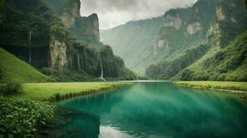 A serene, tranquil lake nestled in a verdant valley, surrounded by towering cliffs and cascading waterfalls, Nature Background AI Generative photo