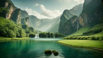 A serene, tranquil lake nestled in a verdant valley, surrounded by towering cliffs and cascading waterfalls, Nature Background AI Generative photo