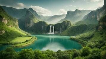 A serene, tranquil lake nestled in a verdant valley, surrounded by towering cliffs and cascading waterfalls, Nature Background AI Generative photo
