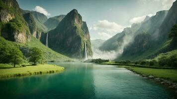 A serene, tranquil lake nestled in a verdant valley, surrounded by towering cliffs and cascading waterfalls, Nature Background AI Generative photo