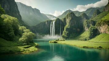 A serene, tranquil lake nestled in a verdant valley, surrounded by towering cliffs and cascading waterfalls, Nature Background AI Generative photo