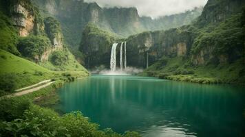 A serene, tranquil lake nestled in a verdant valley, surrounded by towering cliffs and cascading waterfalls, Nature Background AI Generative photo