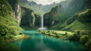 A serene, tranquil lake nestled in a verdant valley, surrounded by towering cliffs and cascading waterfalls, Nature Background AI Generative photo