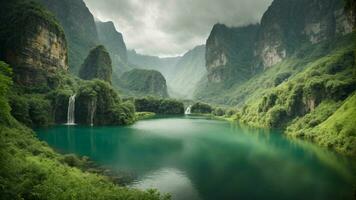 A serene, tranquil lake nestled in a verdant valley, surrounded by towering cliffs and cascading waterfalls, Nature Background AI Generative photo