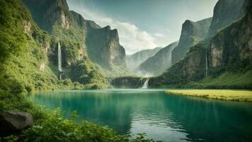 A serene, tranquil lake nestled in a verdant valley, surrounded by towering cliffs and cascading waterfalls, Nature Background AI Generative photo