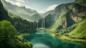 A serene, tranquil lake nestled in a verdant valley, surrounded by towering cliffs and cascading waterfalls, Nature Background AI Generative photo