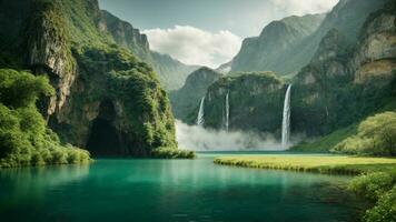 A serene, tranquil lake nestled in a verdant valley, surrounded by towering cliffs and cascading waterfalls, Nature Background AI Generative photo