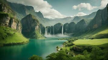 A serene, tranquil lake nestled in a verdant valley, surrounded by towering cliffs and cascading waterfalls, Nature Background AI Generative photo