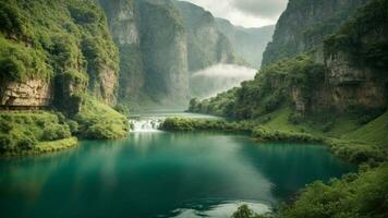 A serene, tranquil lake nestled in a verdant valley, surrounded by towering cliffs and cascading waterfalls, Nature Background AI Generative photo