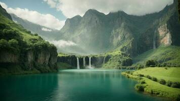 A serene, tranquil lake nestled in a verdant valley, surrounded by towering cliffs and cascading waterfalls, Nature Background AI Generative photo