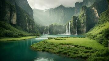A serene, tranquil lake nestled in a verdant valley, surrounded by towering cliffs and cascading waterfalls, Nature Background AI Generative photo