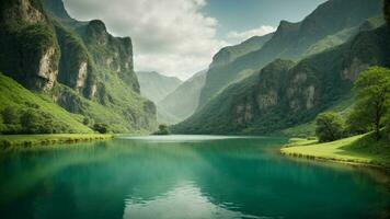 A serene, tranquil lake nestled in a verdant valley, surrounded by towering cliffs and cascading waterfalls, Nature Background AI Generative photo