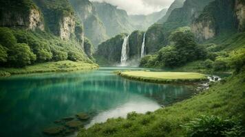 A serene, tranquil lake nestled in a verdant valley, surrounded by towering cliffs and cascading waterfalls, Nature Background AI Generative photo