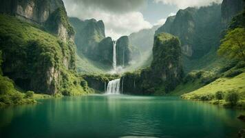 A serene, tranquil lake nestled in a verdant valley, surrounded by towering cliffs and cascading waterfalls, Nature Background AI Generative photo