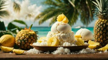 A tropical paradise with a scoop of coconut ice cream background image AI Generative photo