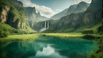 A serene, tranquil lake nestled in a verdant valley, surrounded by towering cliffs and cascading waterfalls, Nature Background AI Generative photo