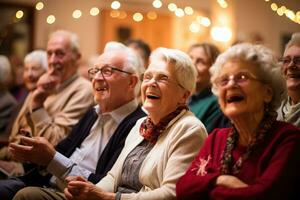 Elderly people at an evening concert in a nursing home, sitting and listening to music, a mood of joy photo