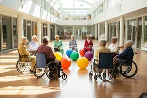 mayor personas en sillas de ruedas en un enfermería hogar, hacer ejercicio con globos foto