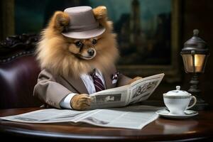 un pomeranio perro de Pomerania es leyendo el periódico, sentado en un silla, vistiendo un traje foto
