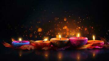 Glowing candles for Indian holiday Diwali Festival of lights on dark background photo