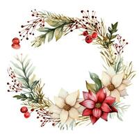 Christmas wreath of red and white poinsettia and leaves. Watercolor illustration photo