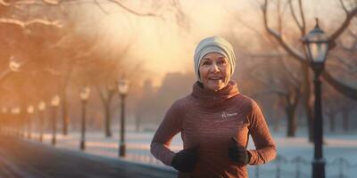 mayor mujer yendo para un correr. mujer carreras en el invierno foto