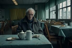 Elderly man sitting alone at a table, nursing home, loneliness photo