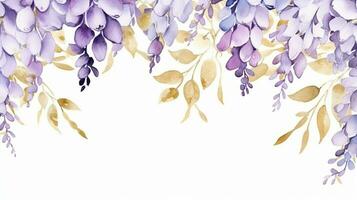 Watercolor wisteria with gold leaves, frame on white background with copy space photo