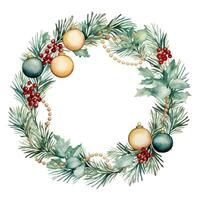 Christmas wreath of blue and gold balls and spruce branches. Watercolor illustration photo