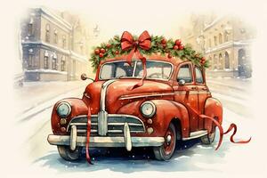 Vintage illustration of a vintage car decorated with garlands and gifts photo