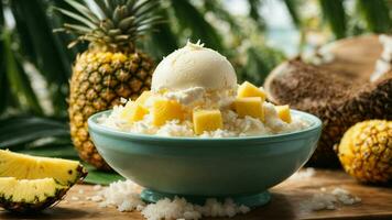 un tropical paraíso con un cucharón de Coco hielo crema antecedentes imagen ai generativo foto