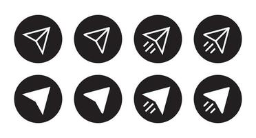 Share, paper plane icon vector in black circle. Social media repost button