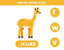 Find missing letter with cartoon vicuna. Spelling worksheet. vector