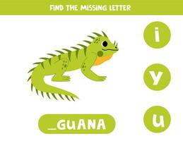 Find missing letter with cartoon green iguana. Spelling worksheet. vector