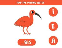 Find missing letter with cartoon ibis. Spelling worksheet. vector