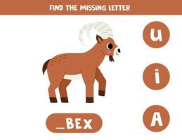 Find missing letter with cartoon ibex. Spelling worksheet. vector