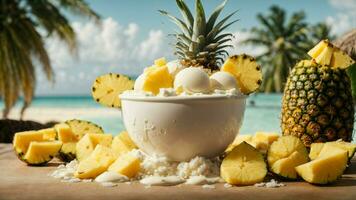 A tropical paradise with a scoop of coconut ice cream background image AI Generative photo