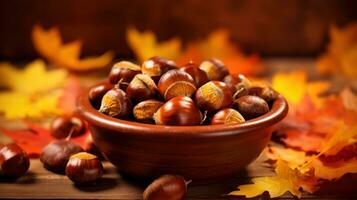 Ai, Ai generated, Delicious roasted chestnuts in a warm bowl with open flame, perfect autumnal snack photo