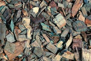 Pile of wood chips background. Texture of colored wood pieces. Natural bark material pattern. Close-up of decorative mulch photo