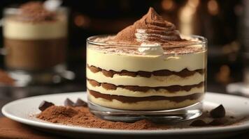 A close-up shot of a freshly prepared tiramisu, focusing on the layers of coffee-soaked ladyfingers AI Generative photo