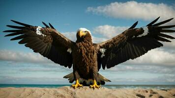 A beautiful summer day with blue sky and a lone Steller's sea eagle over the beach AI Generative photo