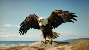 A beautiful summer day with blue sky and a lone Steller's sea eagle over the beach AI Generative photo