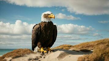 A beautiful summer day with blue sky and a lone Steller's sea eagle over the beach AI Generative photo