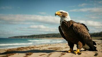 A beautiful summer day with blue sky and a lone Steller's sea eagle over the beach AI Generative photo