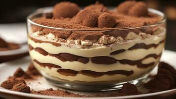 A close-up shot of a freshly prepared tiramisu, focusing on the layers of coffee-soaked ladyfingers AI Generative photo